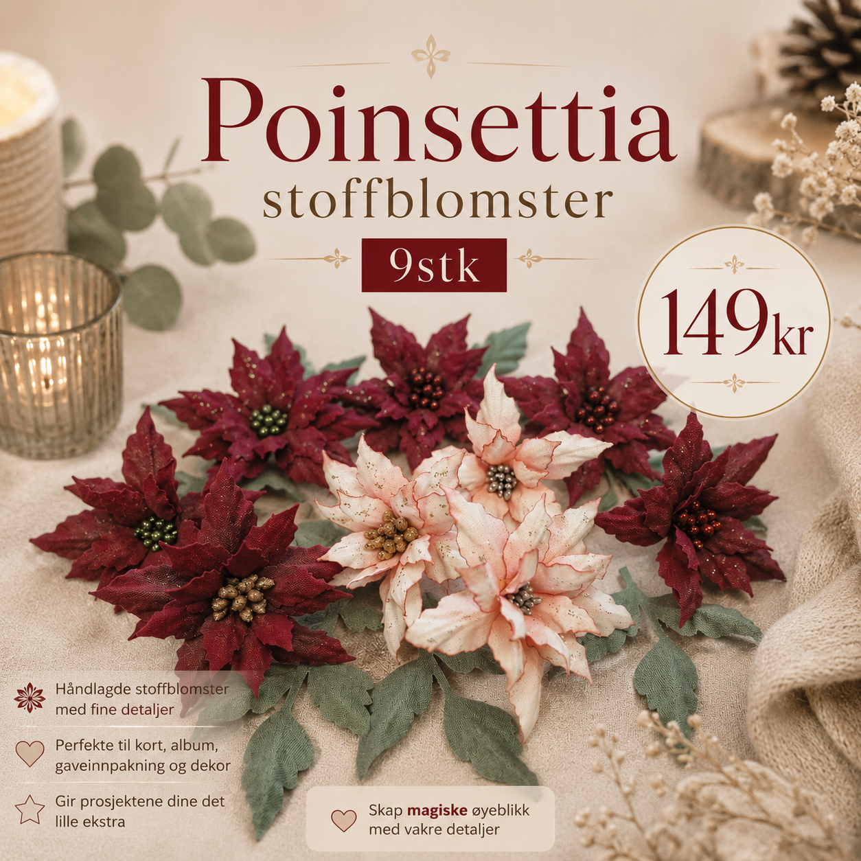 Poisettia stoffblomster - 9stk